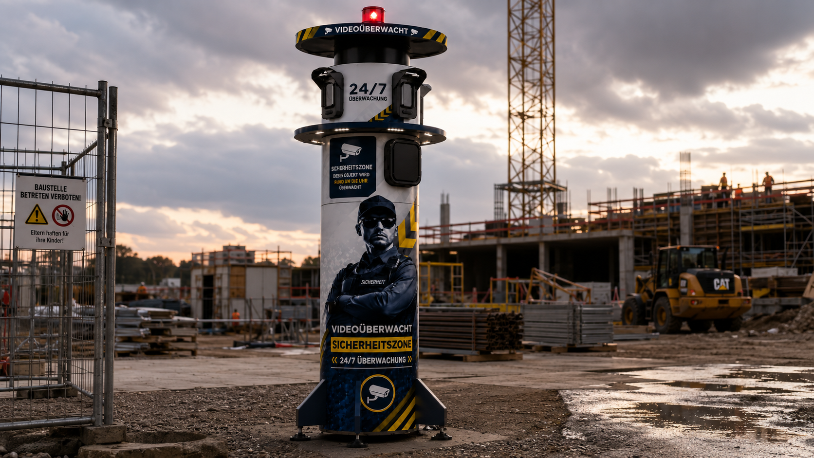 ORBITAS Tower zur Videoüberwachung auf einer Baustelle